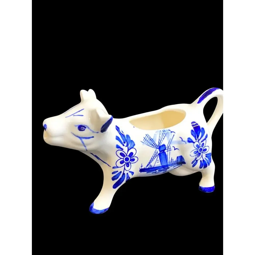 Vintage Delft Style Figural Cow Creamer and Sugar Set Windmill Design